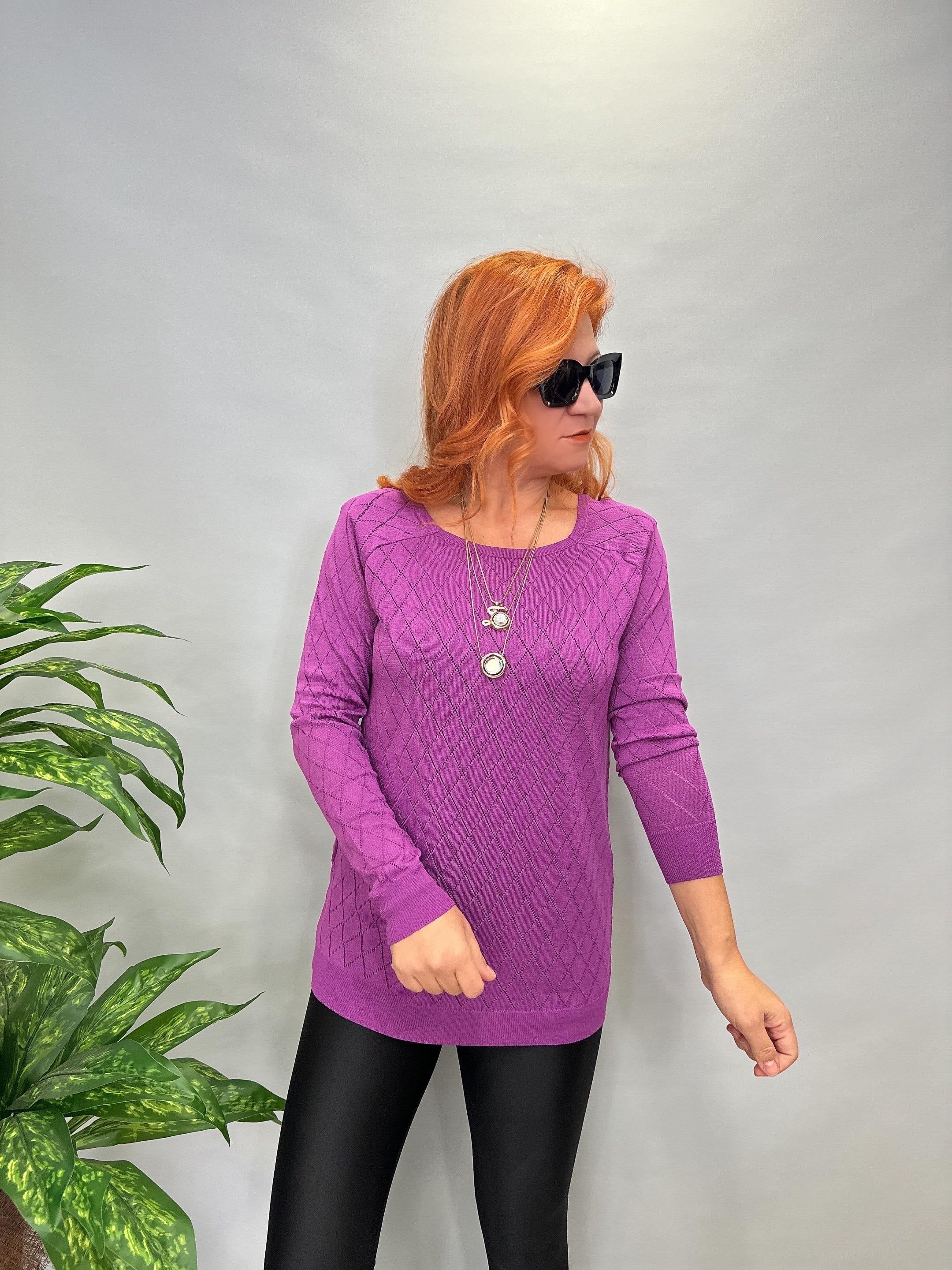 MNS 0018 BAKLAVA DESEN TRİKO BLUZ MOR  42 BEDENE KADAR UYUMLUDUR