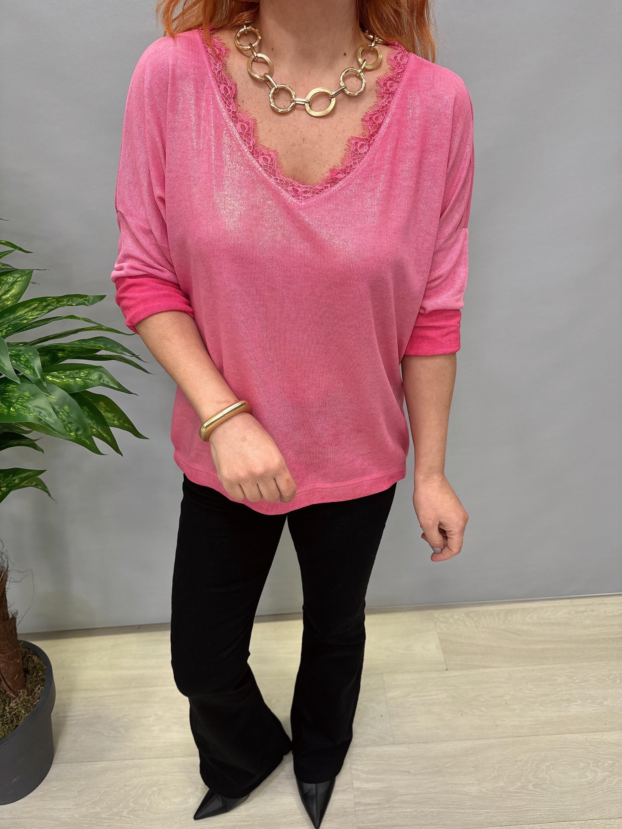 MNS 2545 DANTEL YAKA DETAYLI İTALYAN BLUZ PEMBE