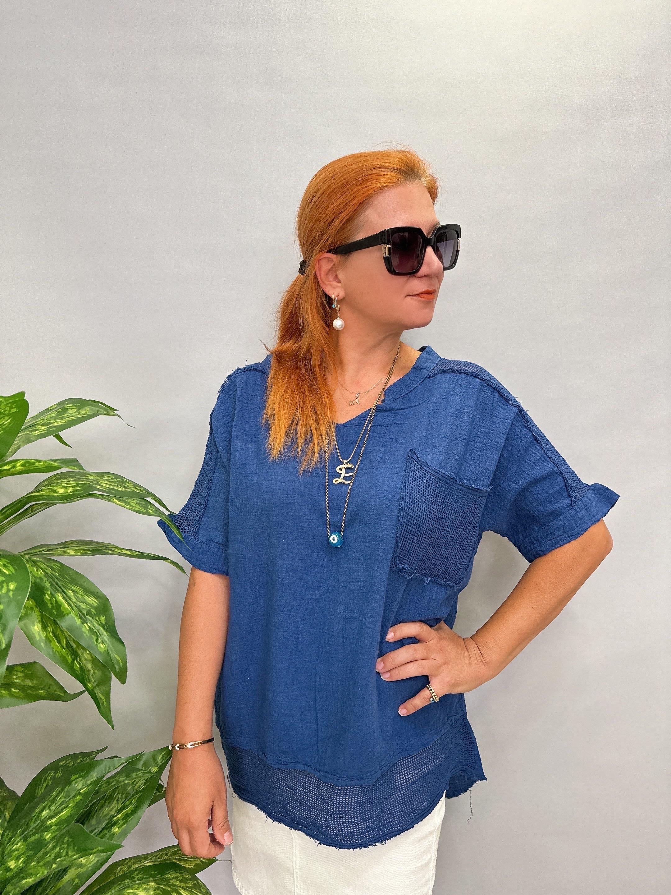 MNS 3060 FİLE DETAY PAMUKLU BLUZ  LACİVERT