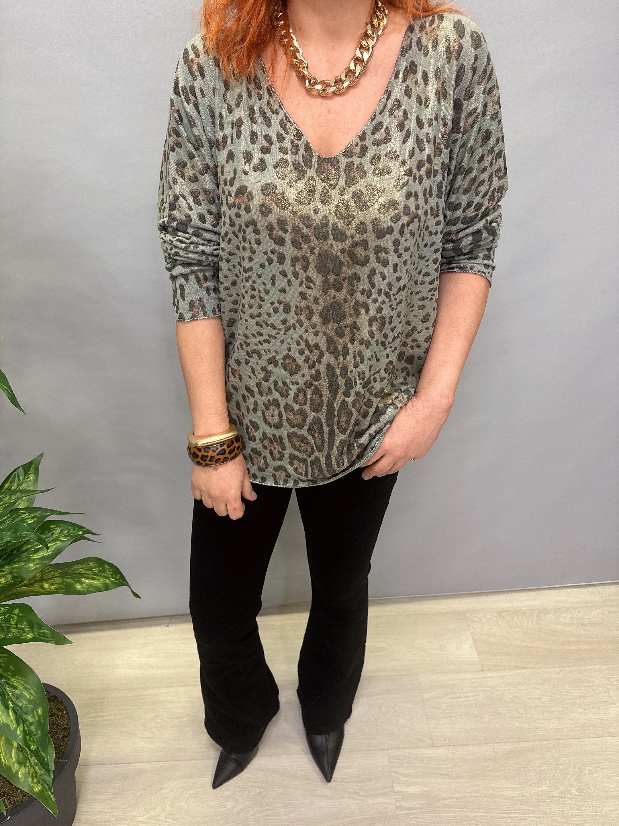 MNS 3545 İTALYAN İNCE TRİKO BLUZ LEOPAR YEŞİL