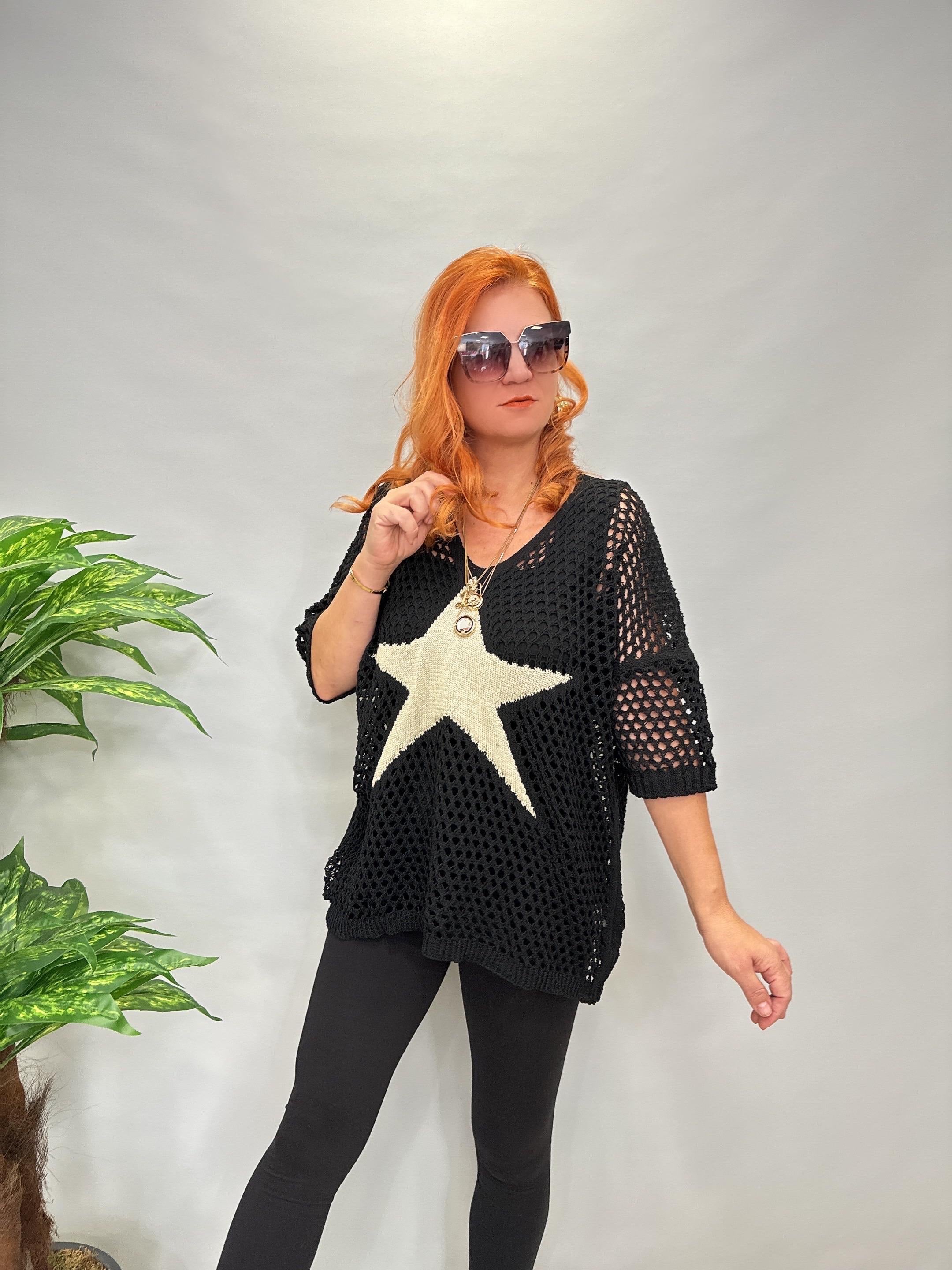 MNS 5083 İTALYAN YILDIZ DETAY FİLE BLUZ 46 BEDENE KADAR UYUMLUDUR SİYAH