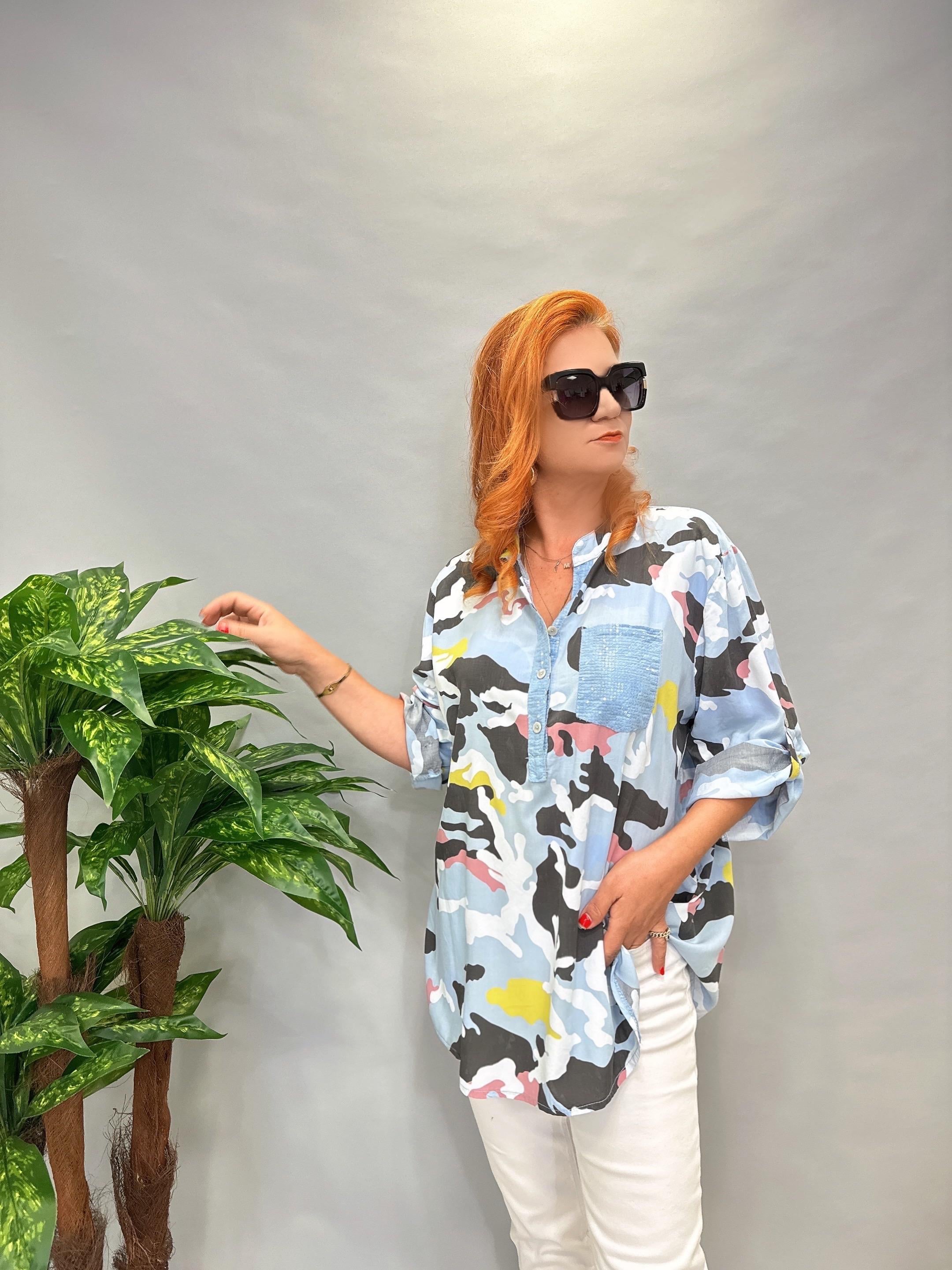 MNS 6510  İTALYAN KAMUFLAJ DESEN PAYET DETAY  BLUZ  46 BEDENE KADAR UYUMLU  MAVİ