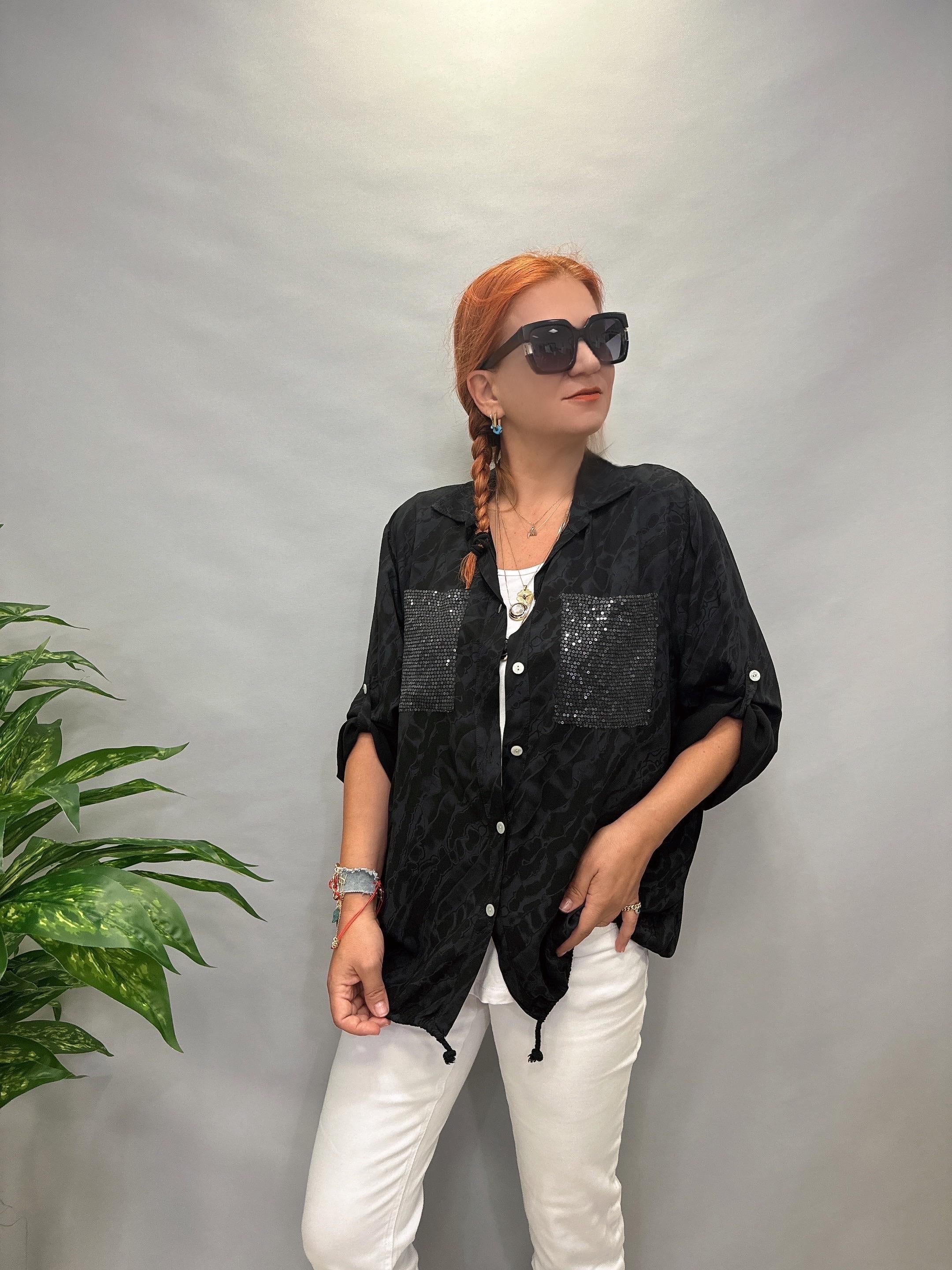 8074 İTALYAN PAMUKLU VİSKON GÖMLEK BLUZ SİYAH