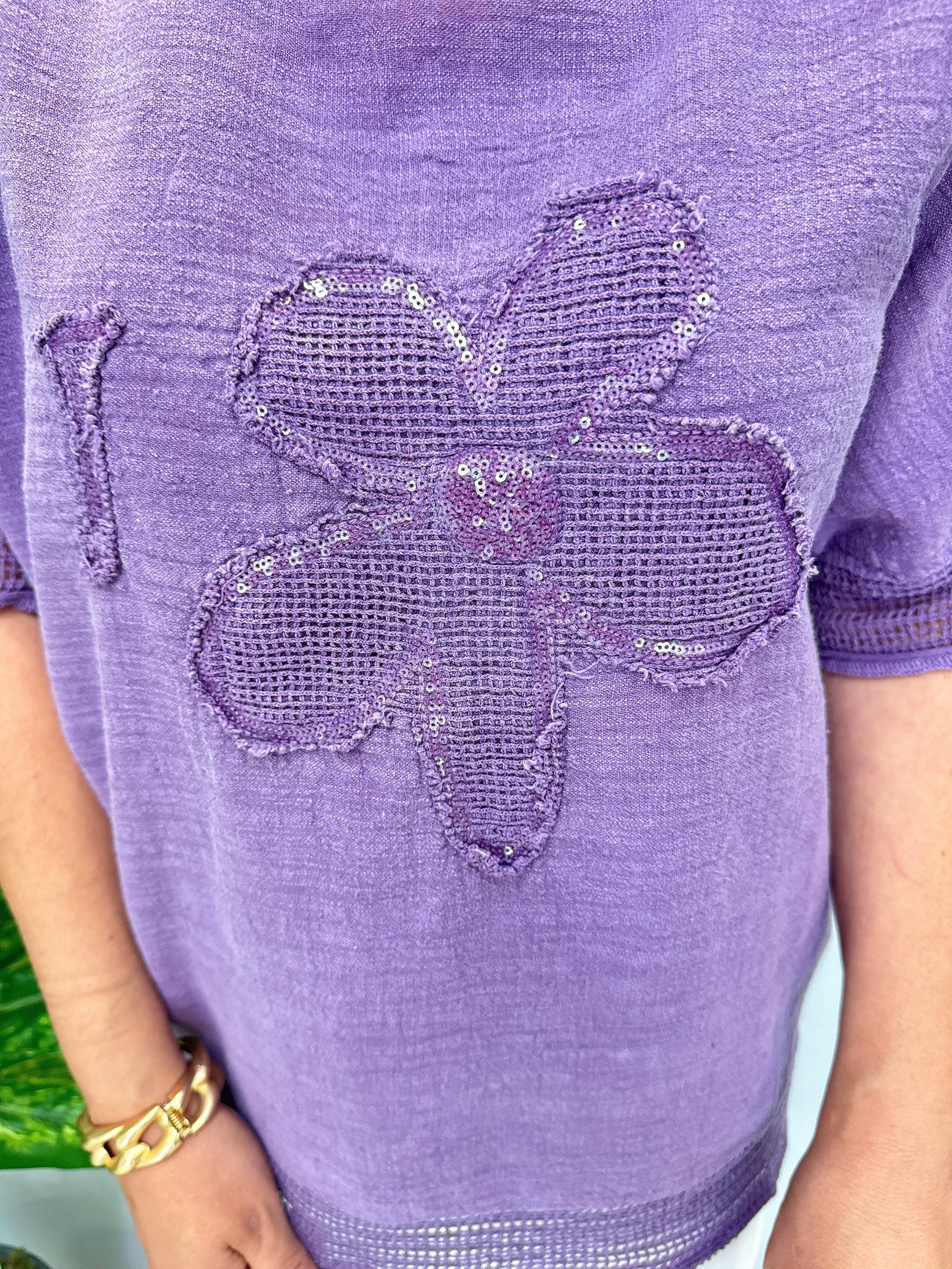 PMK 4046 Payetli Çiçek Detay Pamuklu Bluz Mor