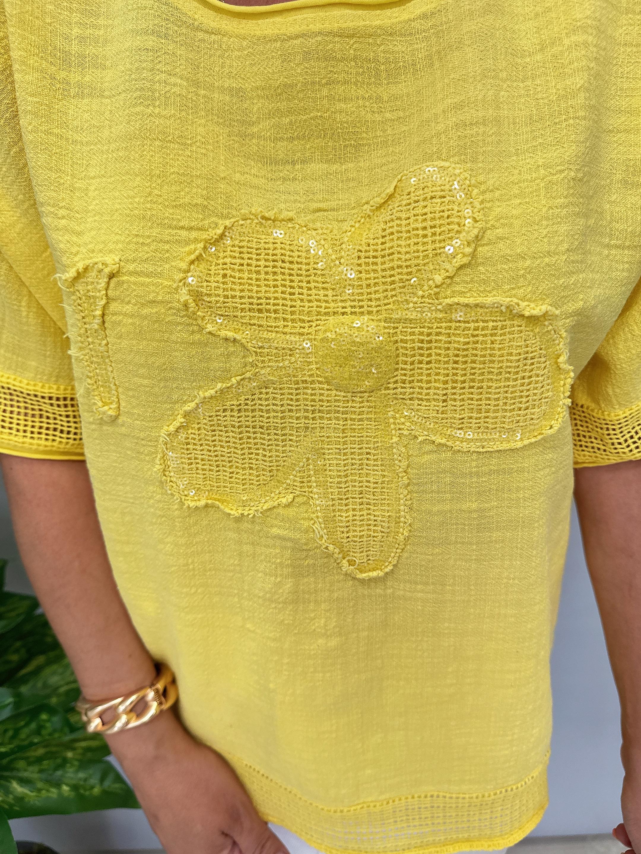 PMK 4046 Payetli Çiçek Detay Pamuklu Bluz Sarı