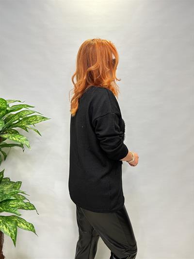 0016 V YAKA LEOPAR DETAY TRİKO SİYAH