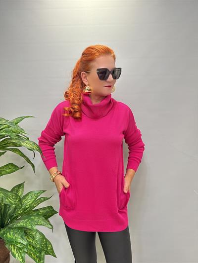 0710 Degaje Yaka Triko Fuşya