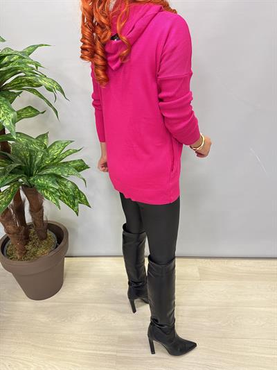 0711 Kapşonlu Triko Fuşya