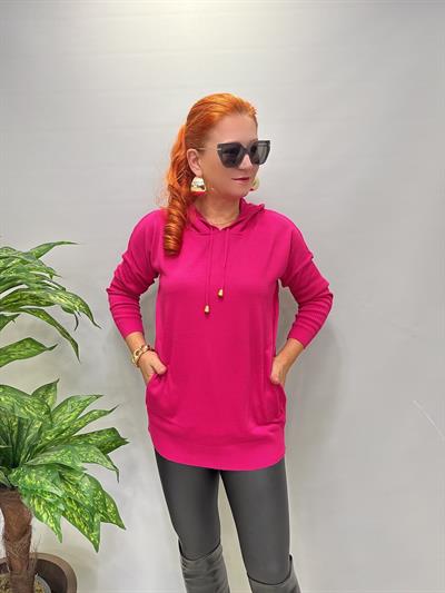 0711 Kapşonlu Triko Fuşya