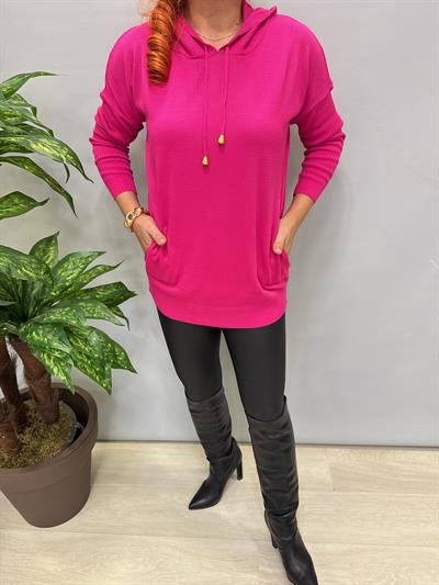 0711 Kapşonlu Triko Fuşya