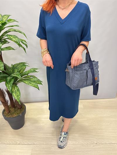 115 LİKRALI V YAKA MODAL ELBİSE İNDİGO MAVİ