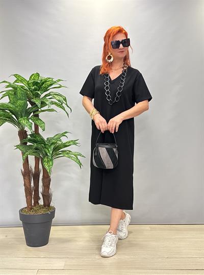 115 LİKRALI V YAKA MODAL ELBİSE SİYAH