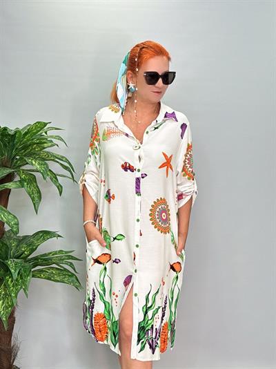 12080 Pamuklu Viskon Gömlek Elbise Beyaz