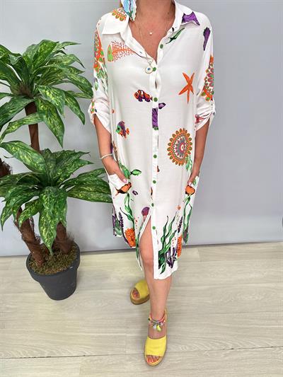 12080 Pamuklu Viskon Gömlek Elbise Beyaz