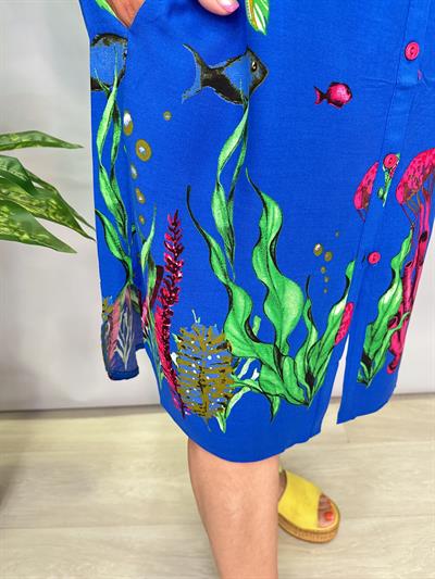 12080 Pamuklu Viskon Gömlek Elbise Mavi