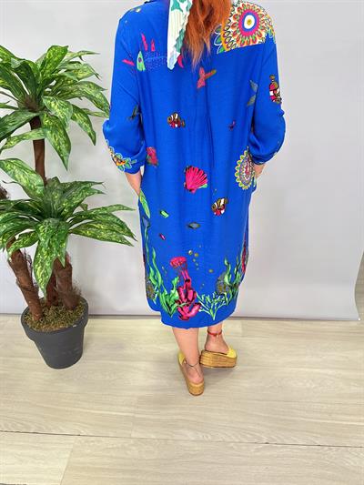 12080 Pamuklu Viskon Gömlek Elbise Mavi