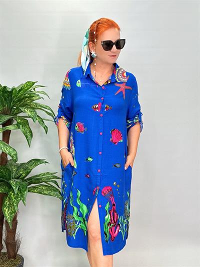 12080 Pamuklu Viskon Gömlek Elbise Mavi