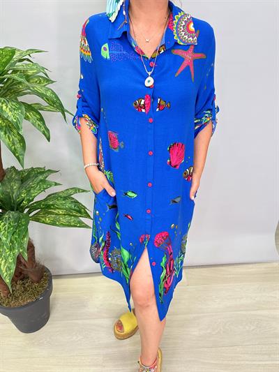 12080 Pamuklu Viskon Gömlek Elbise Mavi