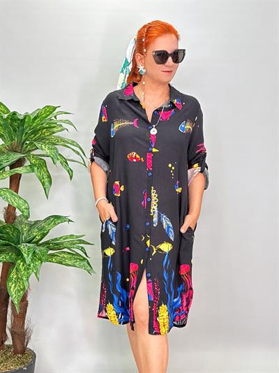 12080 Pamuklu Viskon Gömlek Elbise Siyah