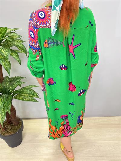 12080 Pamuklu Viskon Gömlek Elbise Yeşil