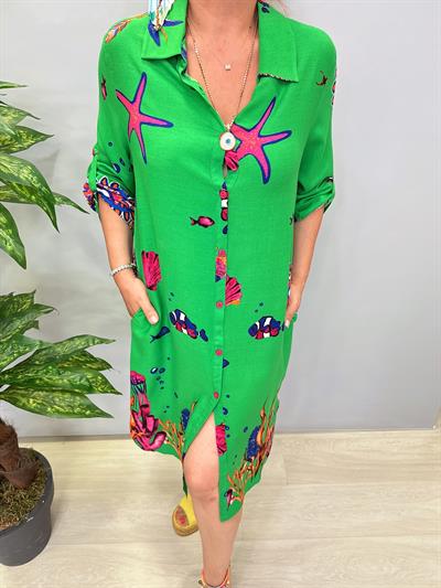 12080 Pamuklu Viskon Gömlek Elbise Yeşil