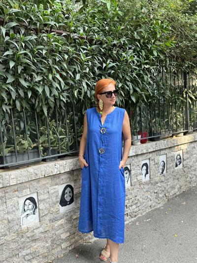 12182 PREMIUM  İTALYAN  PAMUK KETEN DÜĞME DETAY ELBİSE(ASTAR GİYİNİZ) SAKS boyum 1.64