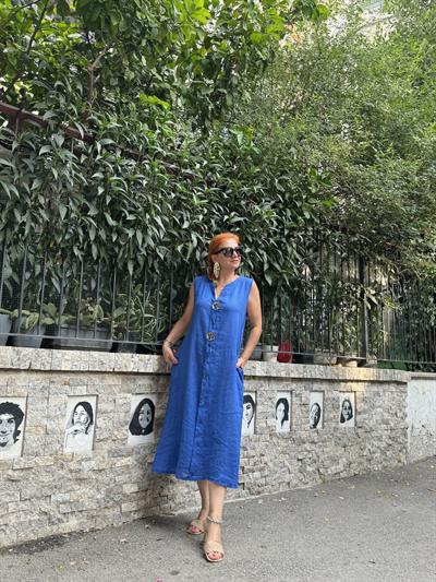 12182 PREMIUM  İTALYAN  PAMUK KETEN DÜĞME DETAY ELBİSE(ASTAR GİYİNİZ) SAKS boyum 1.64