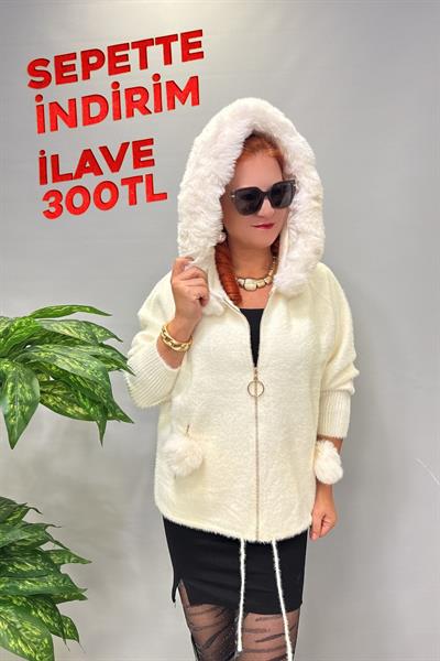 12400 Angora Kürk Ceket Ekru