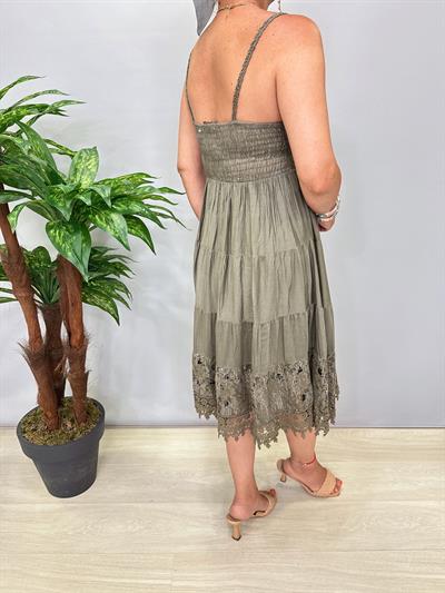 1350 Italyan Dantel Detay Elbise Haki