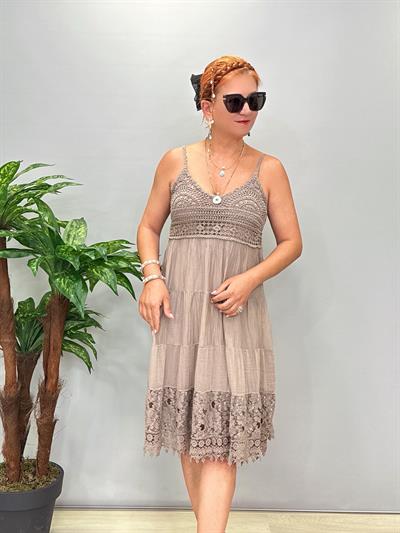 1350 Italyan Dantel Detay Elbise Vizon