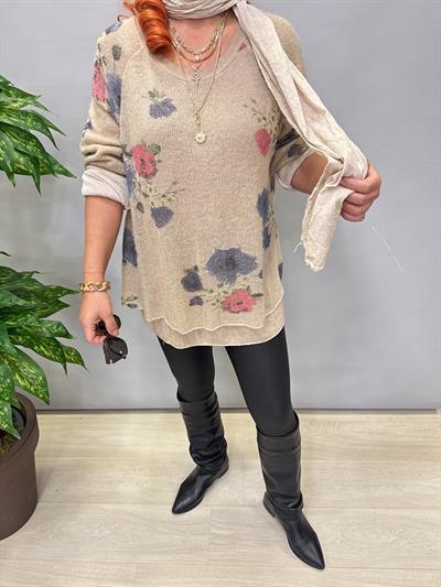 1385 Italyan Fularlı Triko Bluz Taş