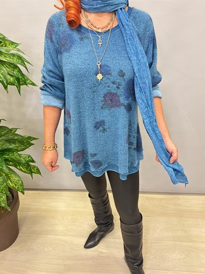 1385 Italyan Fularlı Triko Bluz Turkuaz