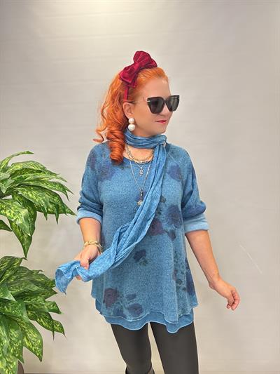 1385 Italyan Fularlı Triko Bluz Turkuaz