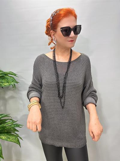 1402 Italyan Kayık Yaka Merserize Bluz Antrasit