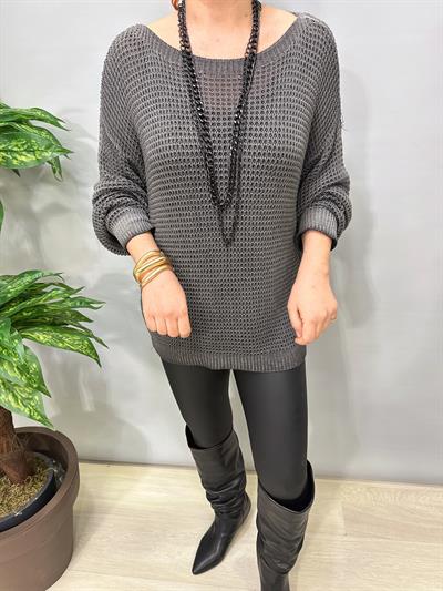 1402 Italyan Kayık Yaka Merserize Bluz Antrasit