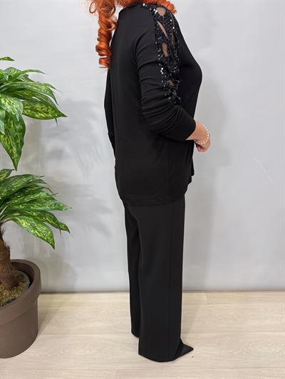 1508 Kollar Payet ve Tül Detaylı Çilek Triko Bluz Siyah