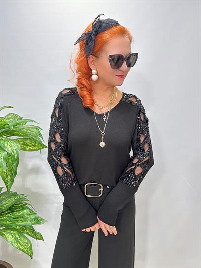 1508 Kollar Payet ve Tül Detaylı Çilek Triko Bluz Siyah