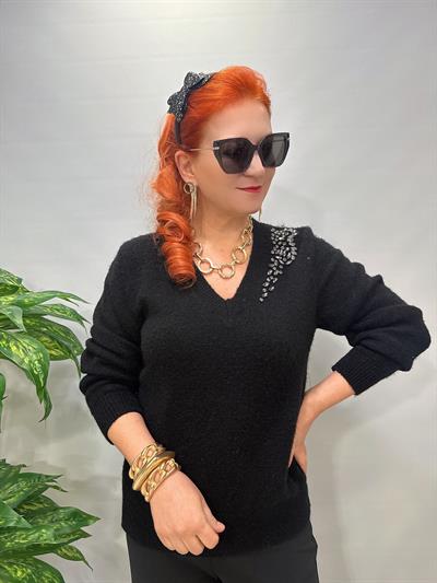 1508 Omuzunda Taş Detaylı Kazak Siyah