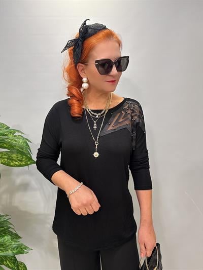 1508 Tül Detaylı Yıldız Desen Çilek Triko Bluz Siyah