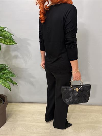 1508 Tül Detaylı Yıldız Desen Çilek Triko Bluz Siyah