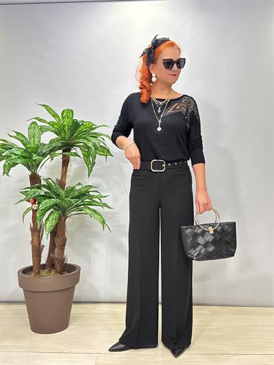 1508 Tül Detaylı Yıldız Desen Çilek Triko Bluz Siyah