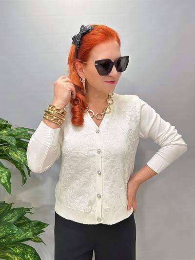 1509 İnci Düğme Detaylı Triko Ceket Ekru