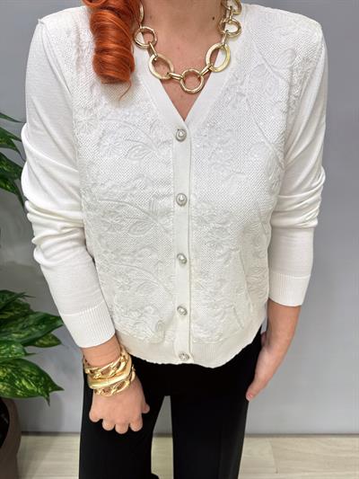 1509 İnci Düğme Detaylı Triko Ceket Ekru