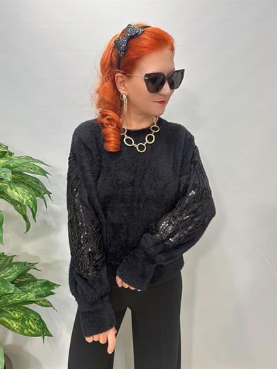 1509 Kollarda Taş ve Payet Detaylı Triko Bluz Siyah