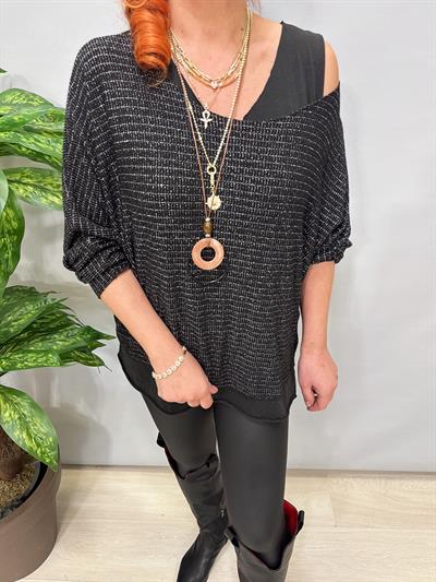 1578 Italyan Simli Triko Bluz Siyah