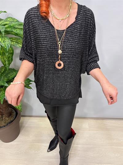 1578 Italyan Simli Triko Bluz Siyah