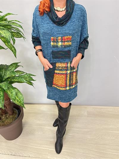 1580 Degaje Yaka Triko Elbise Petrol