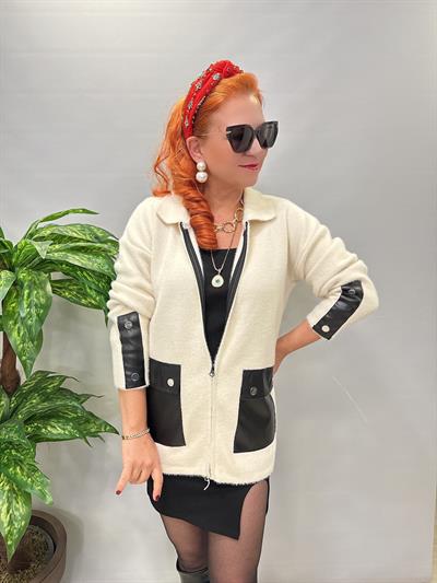 1745 Angora Deri Detaylı Ceket Ekru