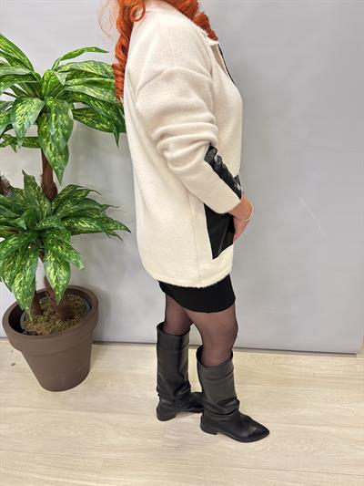 1745 Angora Deri Detaylı Ceket Ekru