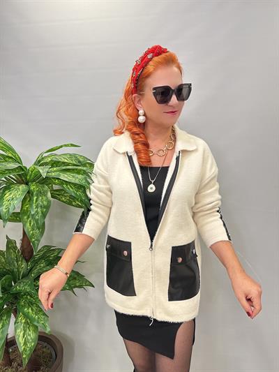 1745 Angora Deri Detaylı Ceket Ekru